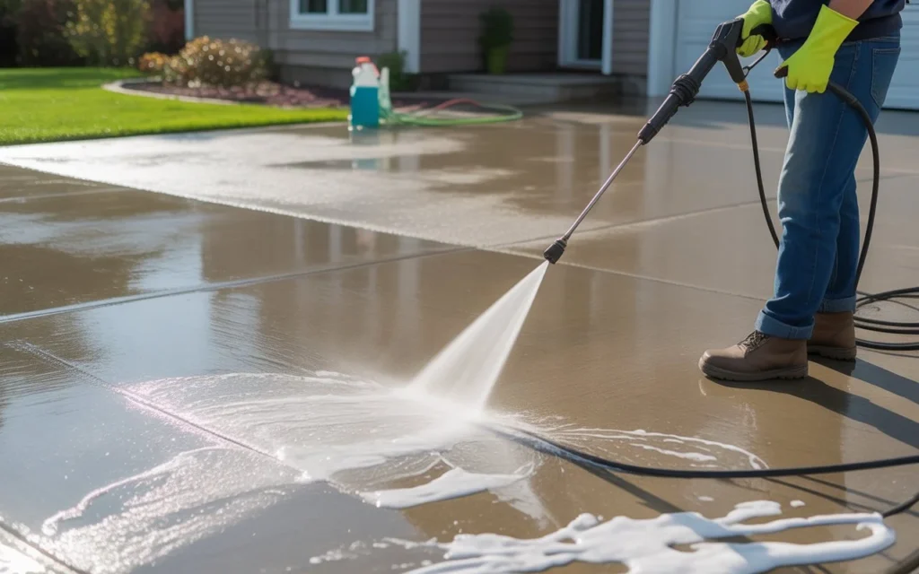 Person using a pressure washer to clean a concrete driveway as part of how to pressure wash a driveway