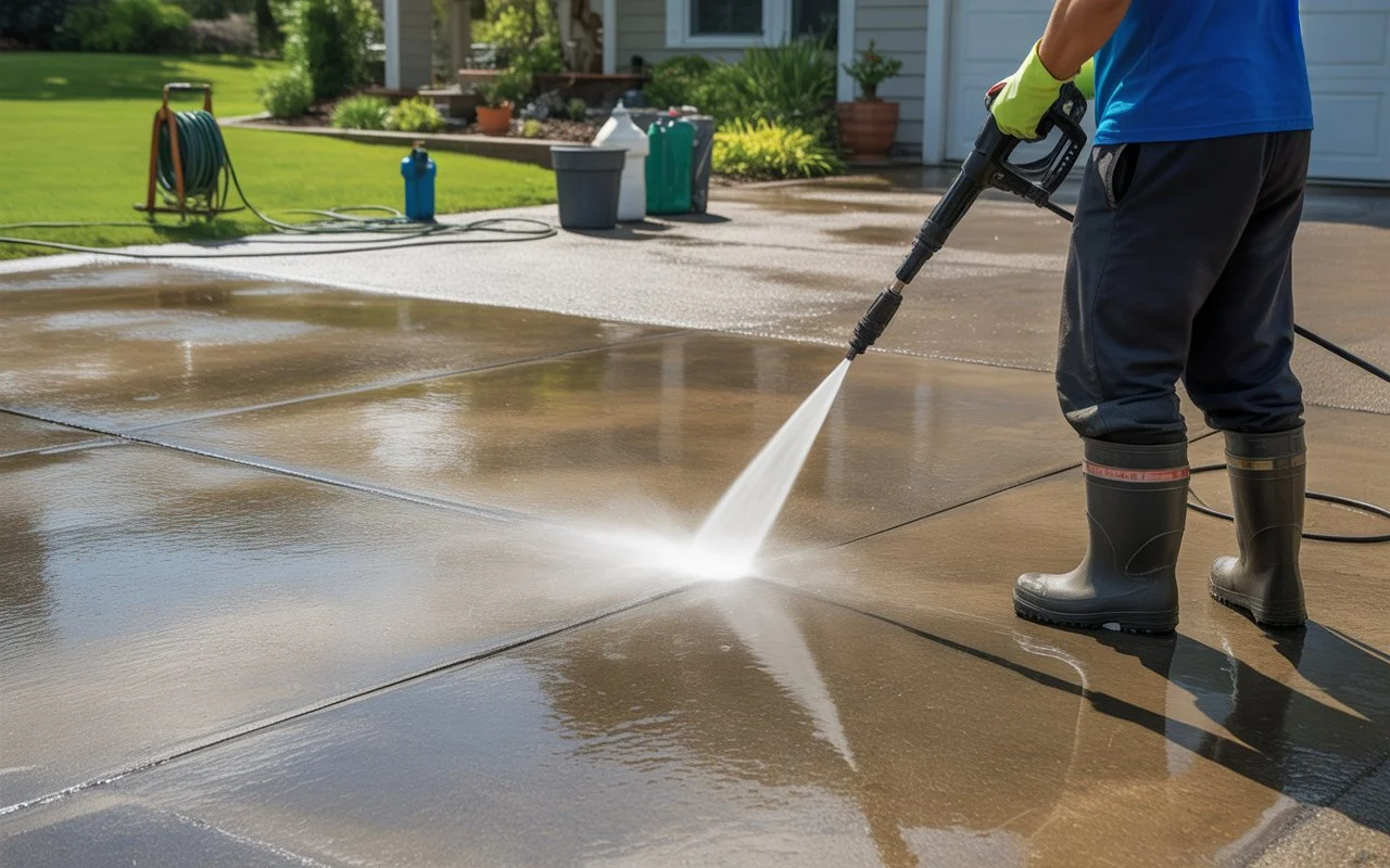 Applying detergent with a pressure washer while learning how to pressure wash a driveway effectively