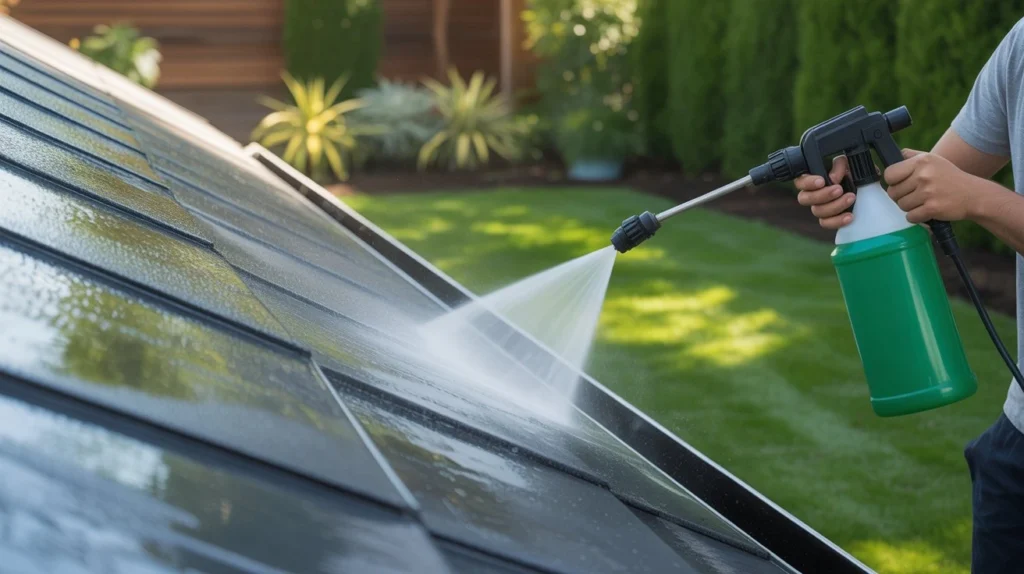 What is Soft Washing? Applying a cleaning solution to roof shingles using a low-pressure sprayer.