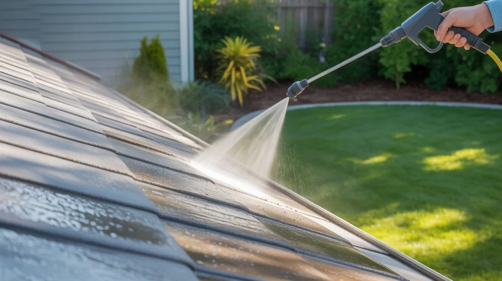 What is Soft Washing? A roof being cleaned with a low-pressure spray system to safely remove dirt and algae.