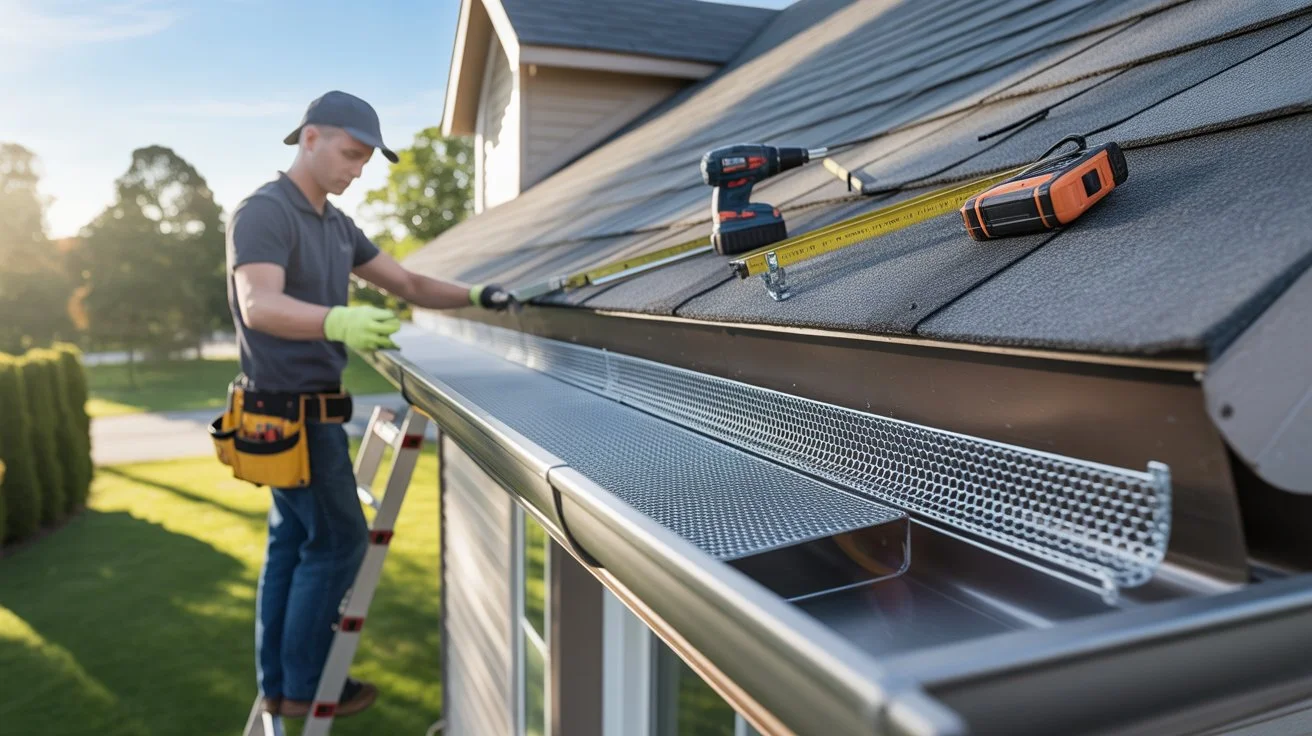 How to Install Gutter Guards using metal mesh as a worker installs guards along a roof gutter system