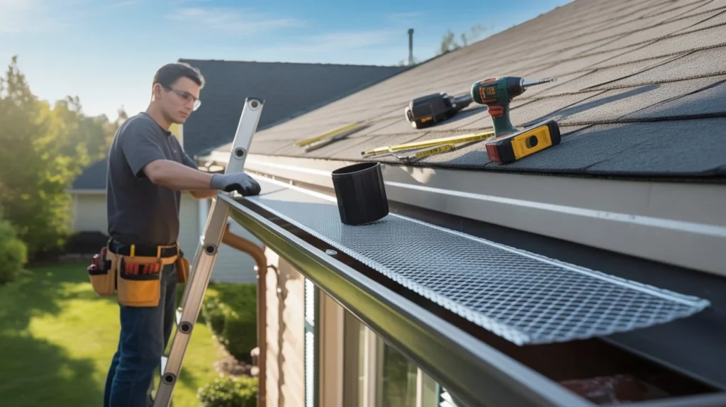 How to Install Gutter Guards on a residential roof with a worker securing mesh guards along the gutter