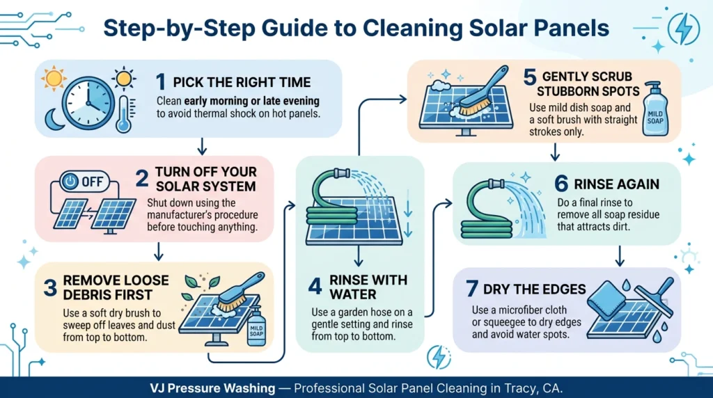 Infographic showing a 7 step guide to cleaning solar panels including pick the right time, turn off your solar system, remove loose debris, rinse with water, gently scrub stubborn spots, rinse again, and dry the edges by VJ Pressure Washing Tracy CA