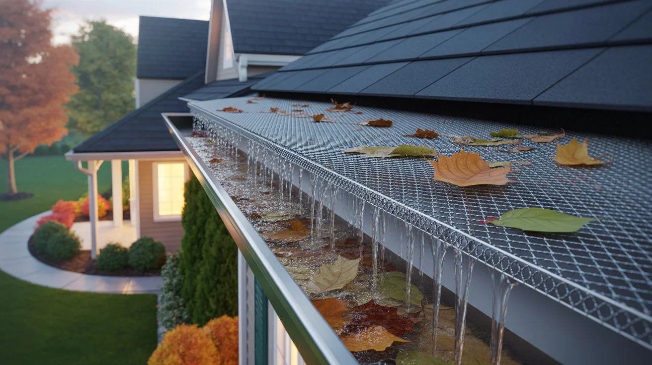 What Are Gutter Guards showing mesh covering gutters to block leaves while allowing water to flow through