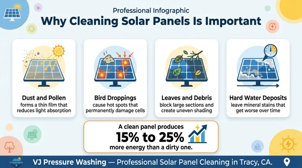 Infographic showing why cleaning solar panels is important including dust and pollen reducing light absorption, bird droppings causing hot spots, leaves and debris blocking sections, and hard water deposits leaving mineral stains with a stat showing clean panels produce 15% to 25% more energy by VJ Pressure Washing Tracy CA