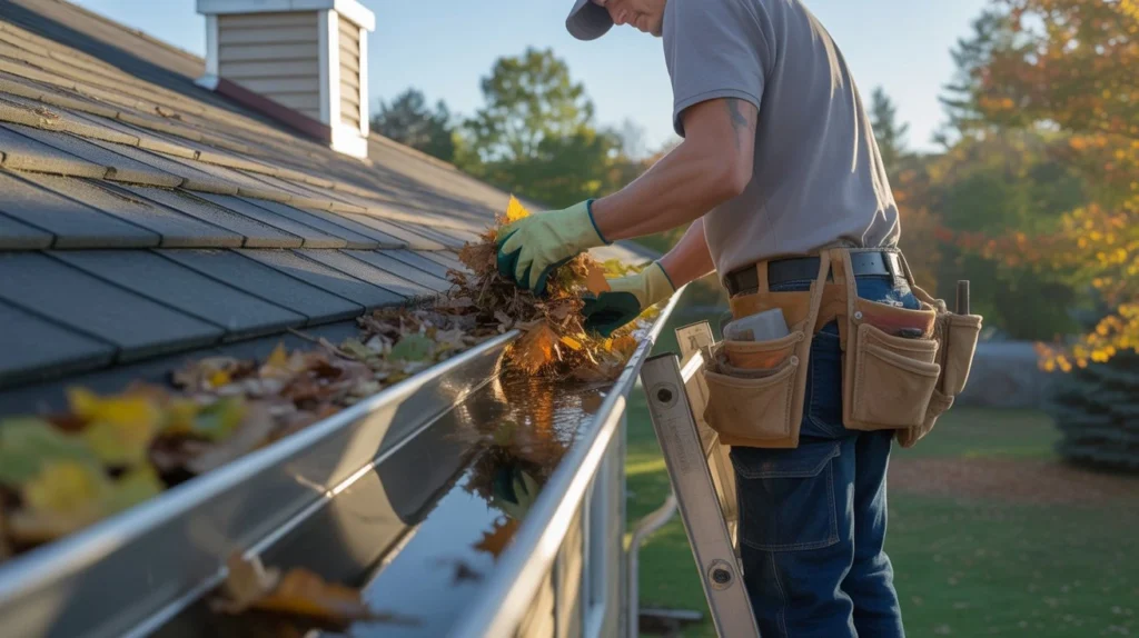 How Much Does Gutter Cleaning Cost? worker removing debris from rooftop gutter system