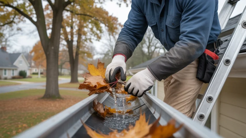 How Much Does Gutter Cleaning Cost? worker removing leaves from clogged gutter close-up