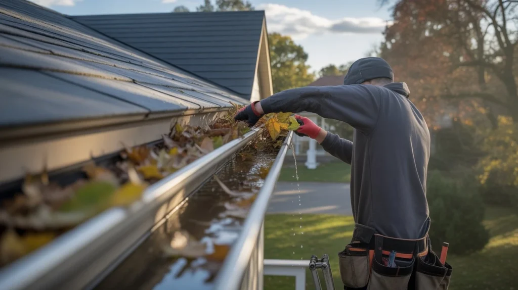 How Much Does Gutter Cleaning Cost? technician cleaning roof gutter filled with autumn leaves