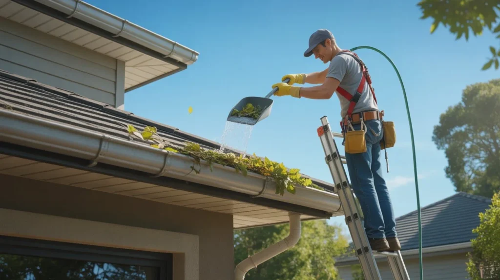 Worker removing leaves from gutter by hand illustrating how much does gutter cleaning cost