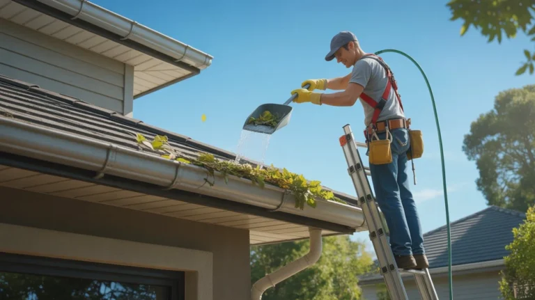 Worker removing leaves from gutter by hand illustrating how much does gutter cleaning cost