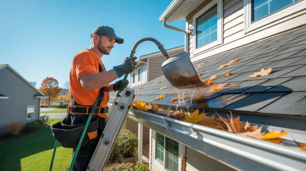 Professional cleaning roof gutters with water hose showing how much does gutter cleaning cost