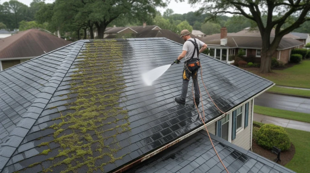 Professional cleaning moss off a residential roof with pressure washer how much does roof cleaning cost