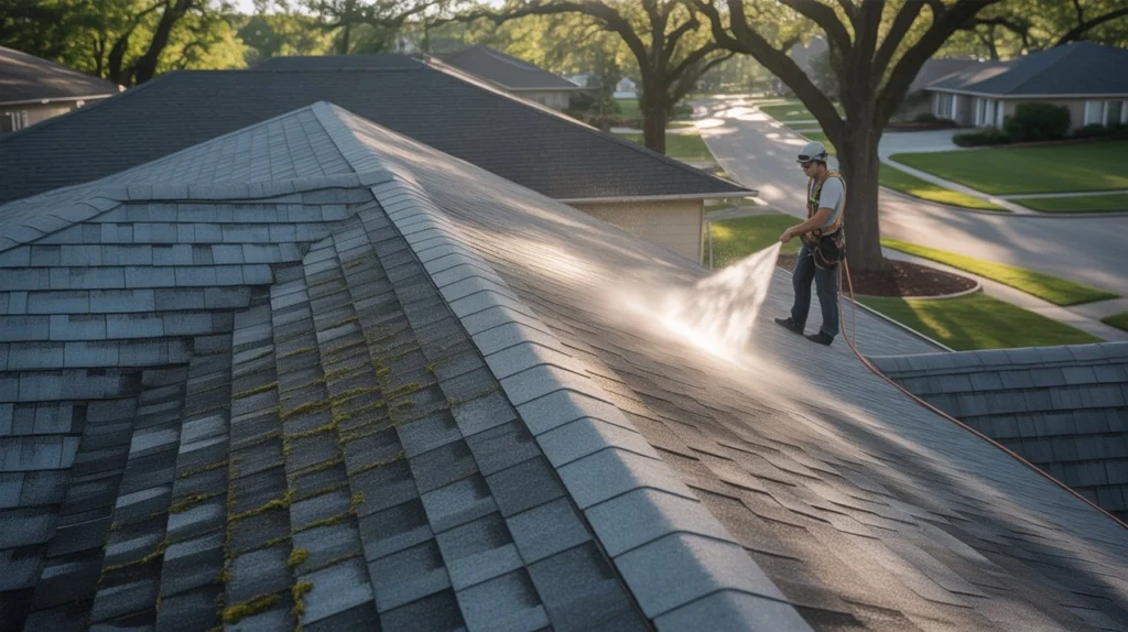 Technician performing soft wash roof cleaning on residential shingles how much does roof cleaning cost