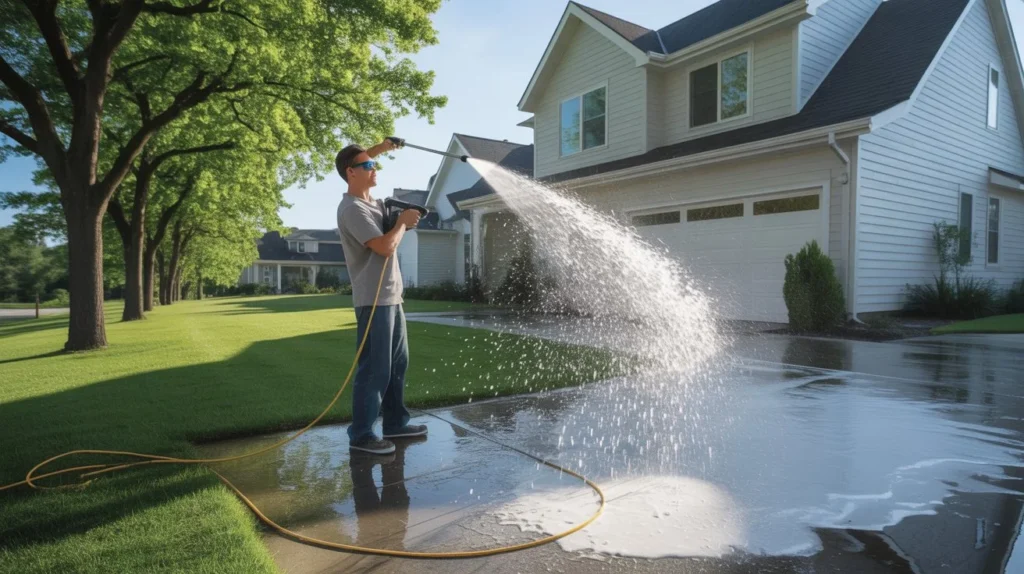 Homeowner using a pressure washer to clean the exterior siding and driveway while learning how to pressure wash a house safely.