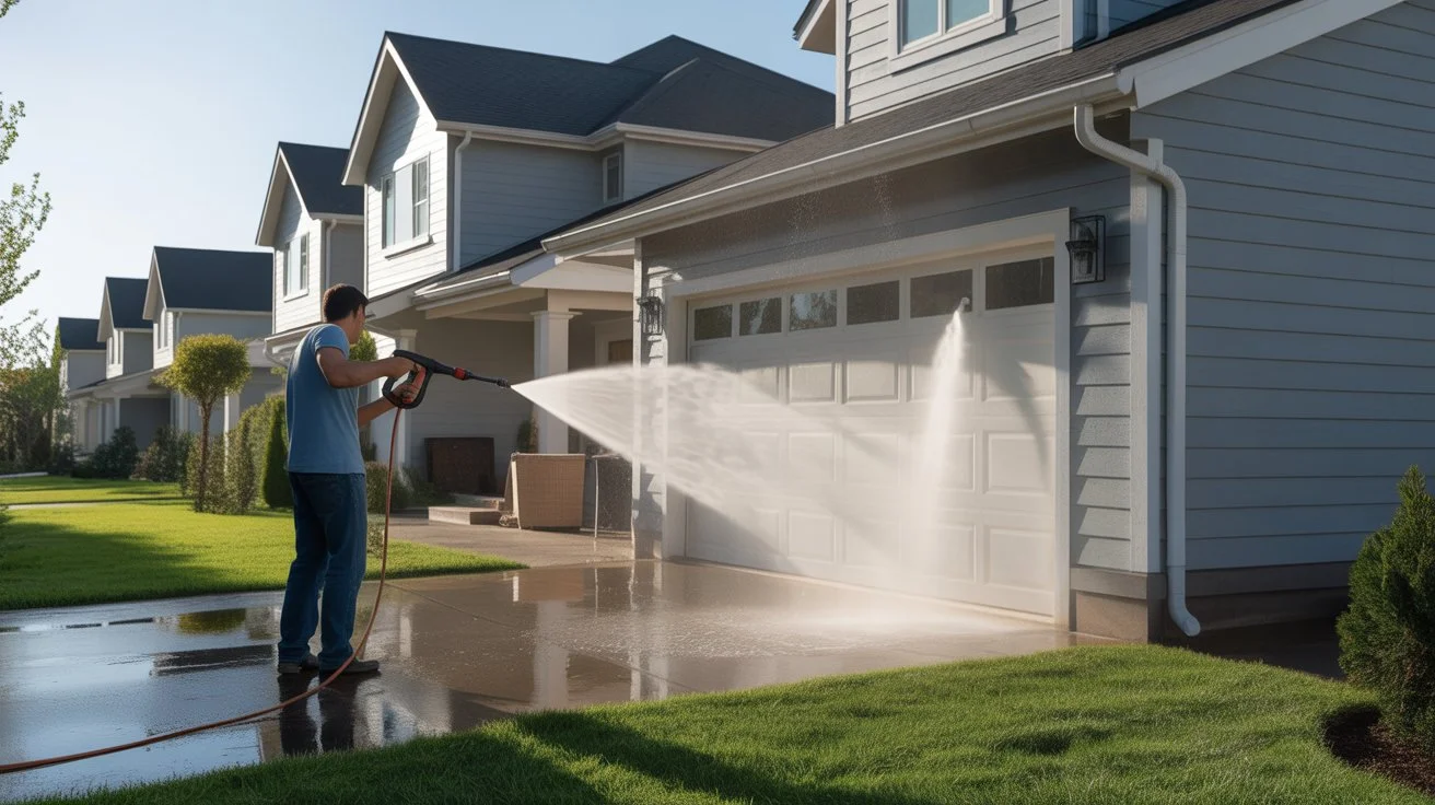 Person pressure washing house siding and garage door to remove dirt and mold during power washing house exterior.