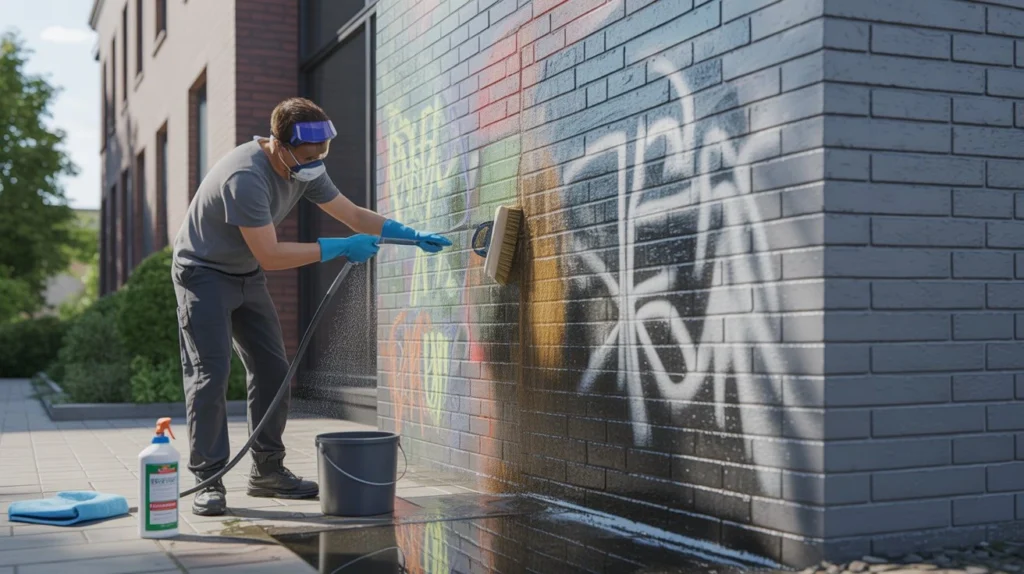 how to remove graffiti with cleaning solution and brush on exterior wall
