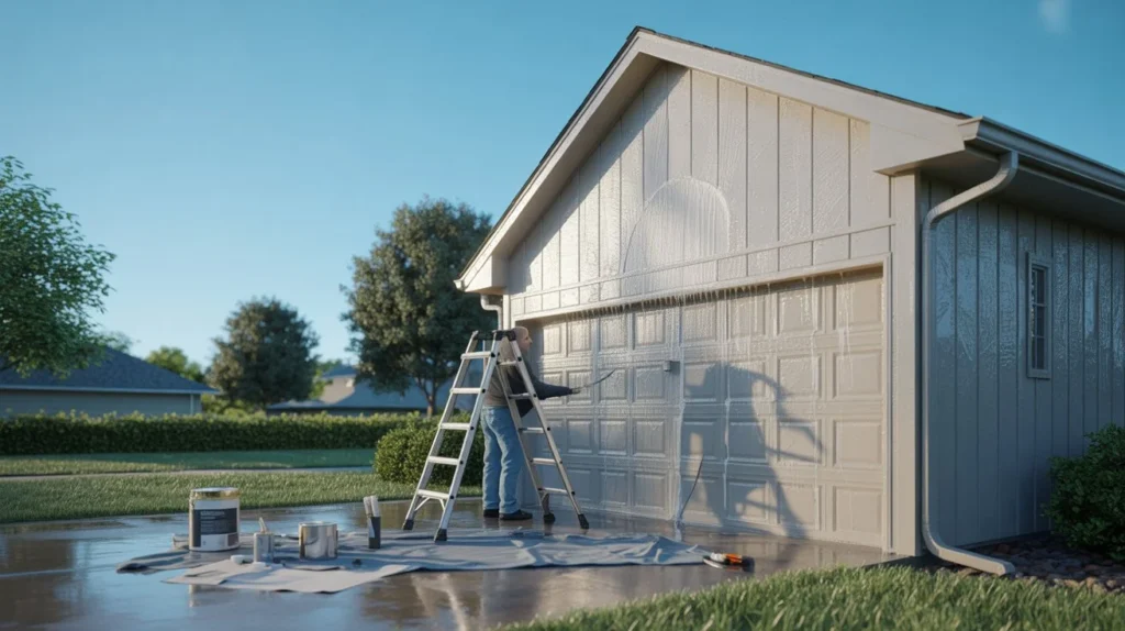 Should You Pressure Wash Your House Before Painting? Applying fresh paint to a clean garage exterior after washing