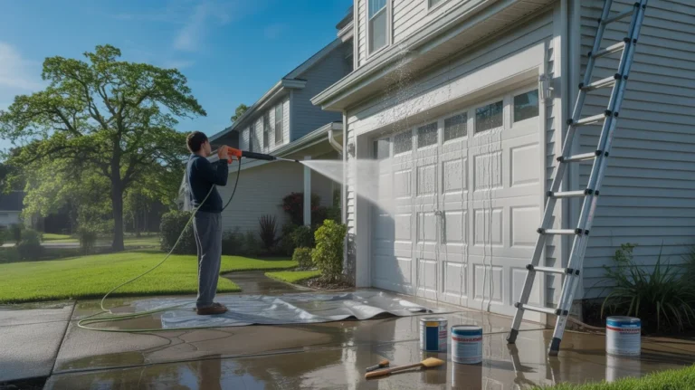 Should You Pressure Wash Your House Before Painting? Person pressure washing a garage exterior before repainting