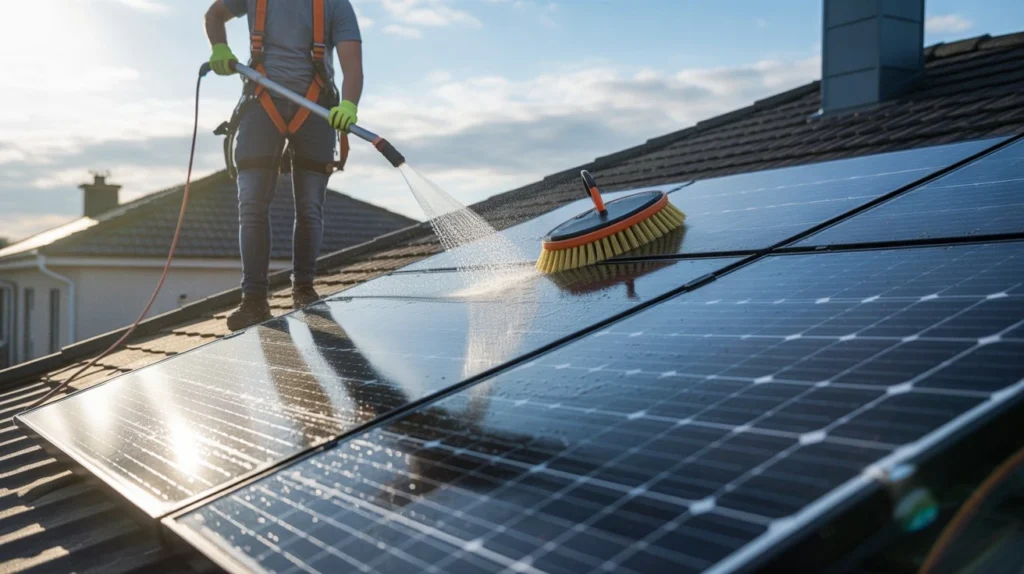Do Solar Panels Need to Be Cleaned worker washing rooftop solar panels with brush and water