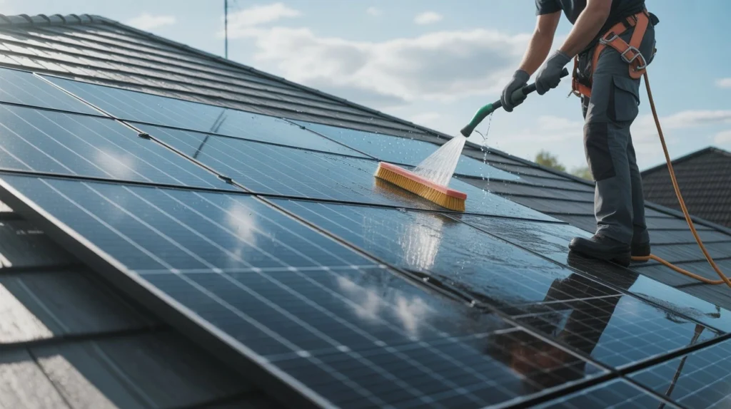 Do Solar Panels Need to Be Cleaned close-up of solar panel washing with brush and hose