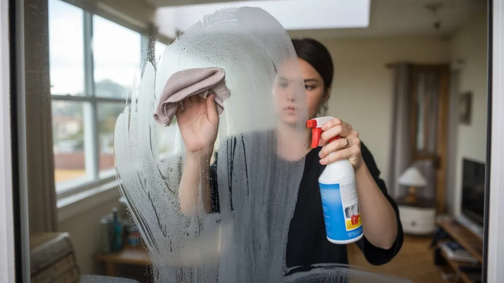 Best window cleaner for home use spraying glass and wiping with cloth