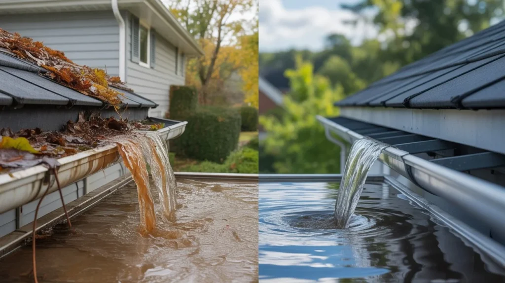 Why Gutter Cleaning is Important clogged vs clean gutter showing water overflow and proper drainage