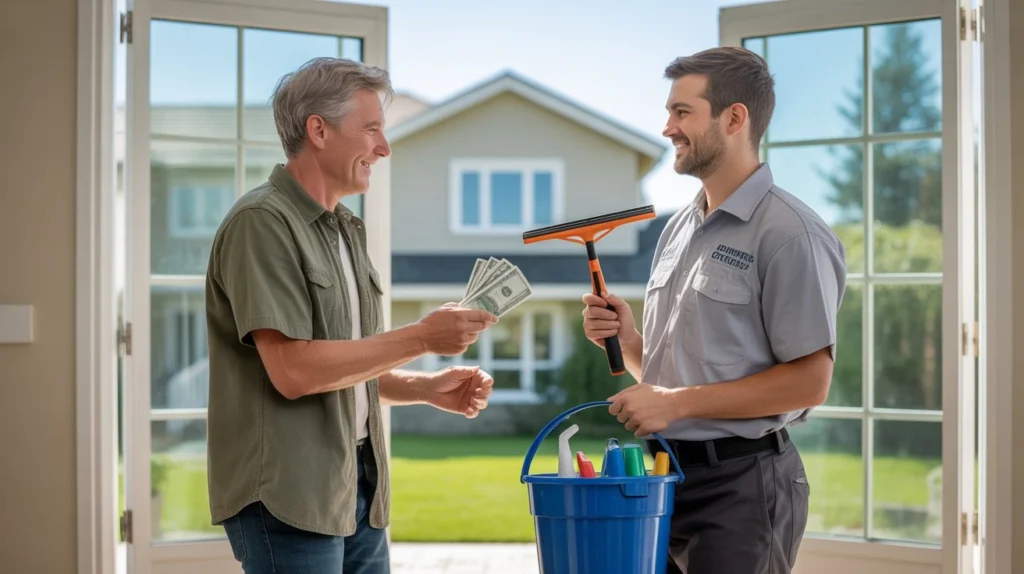 Homeowner giving money to window cleaner indoors – do you tip the window cleaner
