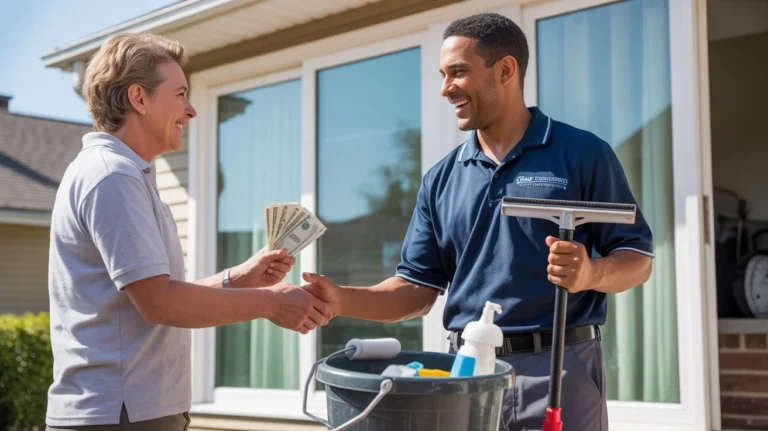 Customer paying a window cleaner after service – do you tip the window cleaner