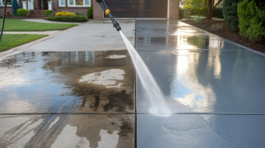 Is powerwashing a driveway worth it – pressure washer restoring concrete driveway surface