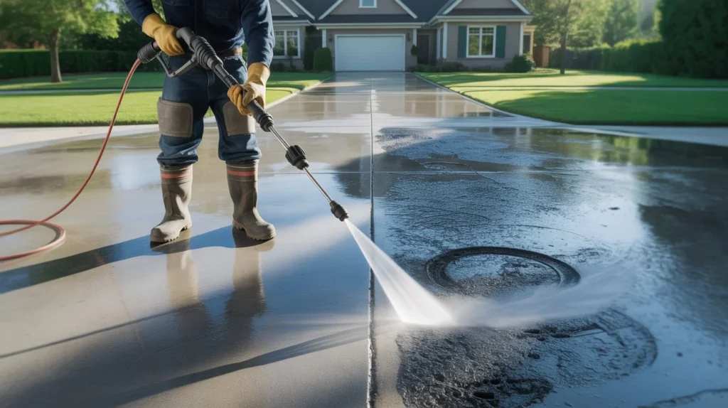 How Much Does It Cost to Pressure Wash a Driveway removing tough stains with high pressure washer