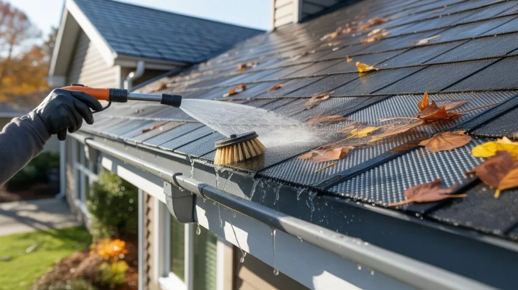 Do Gutter Guards Need to Be Cleaned? worker spraying and brushing debris off roof gutter guards