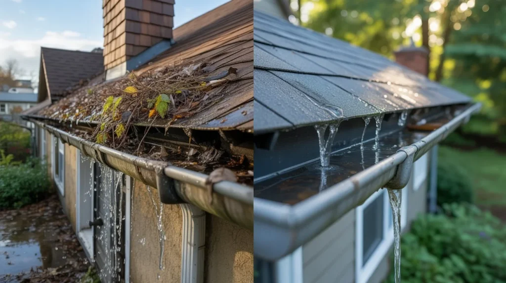 Why Gutter Cleaning is Important debris-filled gutter compared to a well-maintained clean gutter system