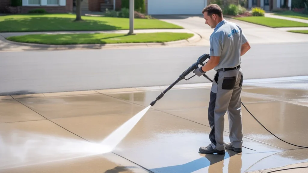 How Do Professionals Clean Driveways with power washing equipment on suburban driveway