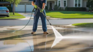 How Do Professionals Clean Driveways using high-pressure washing on a residential concrete surface