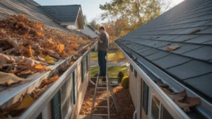 How Often Should I Clean Gutters – homeowner cleaning clogged gutters full of leaves using a ladder