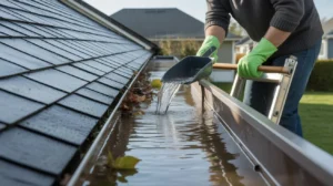 How Often Should I Clean Gutters clogged gutter filled with water and leaves being cleared
