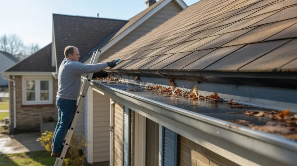 How Often Should I Clean Gutters – man clearing debris from roof edge and gutters with ladder