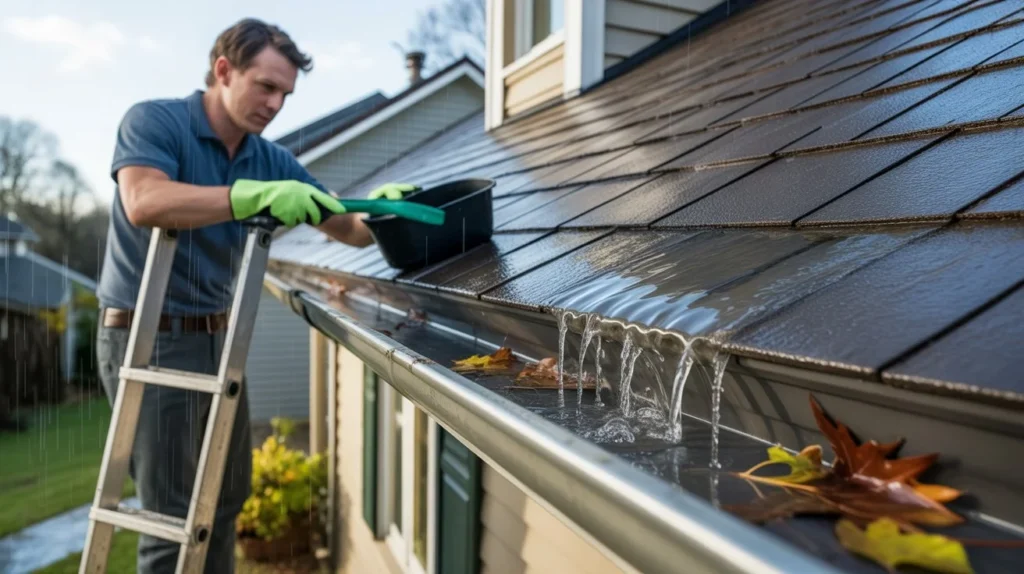 How Often Should I Clean Gutters homeowner cleaning roof gutters during rainy weather
