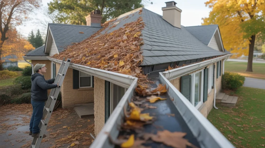 How Often Should I Clean Gutters – roof covered with leaves causing gutter blockage near a residential home