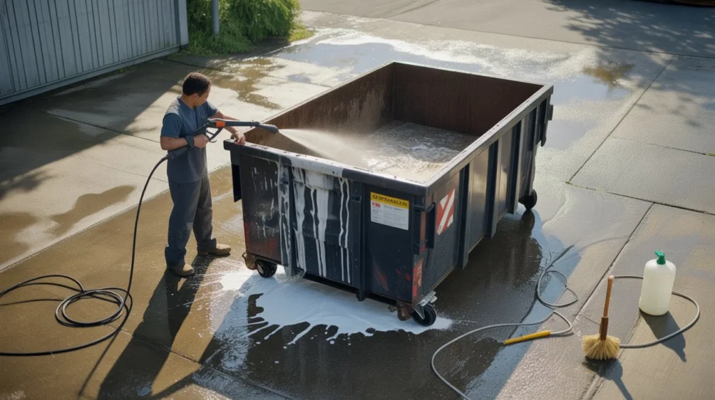 How to Clean a Dumpster by rinsing and sanitizing after scrubbing