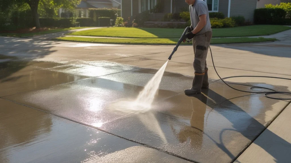 What's the best way to clean a driveway? Close-up of pressure washing technique removing dirt from concrete surface