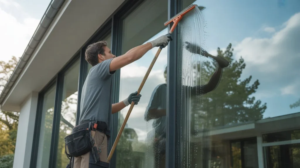 How to Clean Windows with an extension squeegee for high exterior glass surfaces