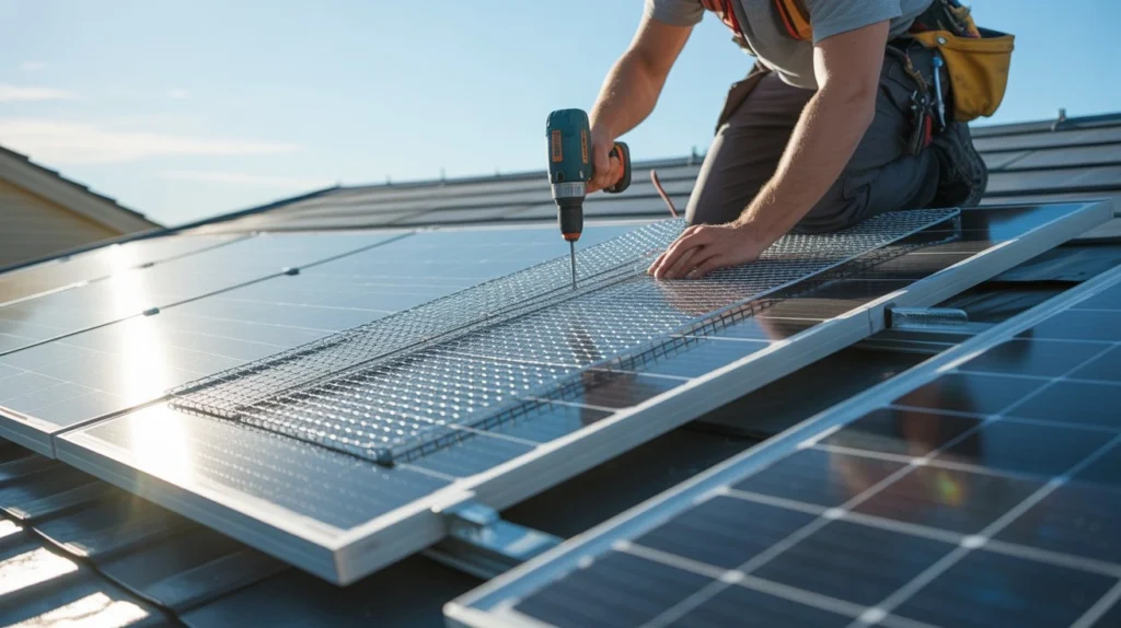 How to Install Solar Panels Guard by securing mesh with drill on solar panel frame