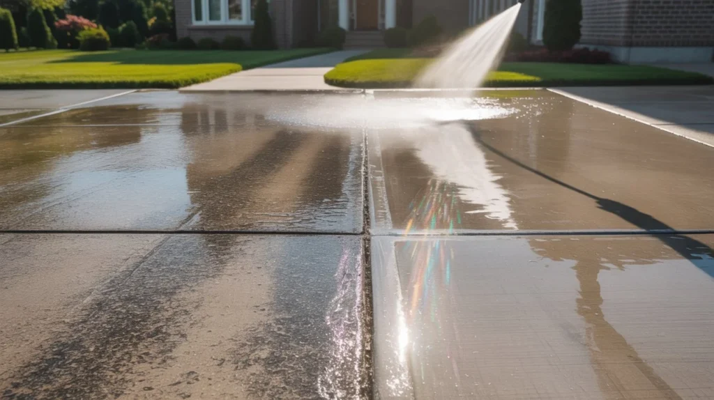 Is powerwashing a driveway worth it – concrete driveway being cleaned with pressure washer spray
