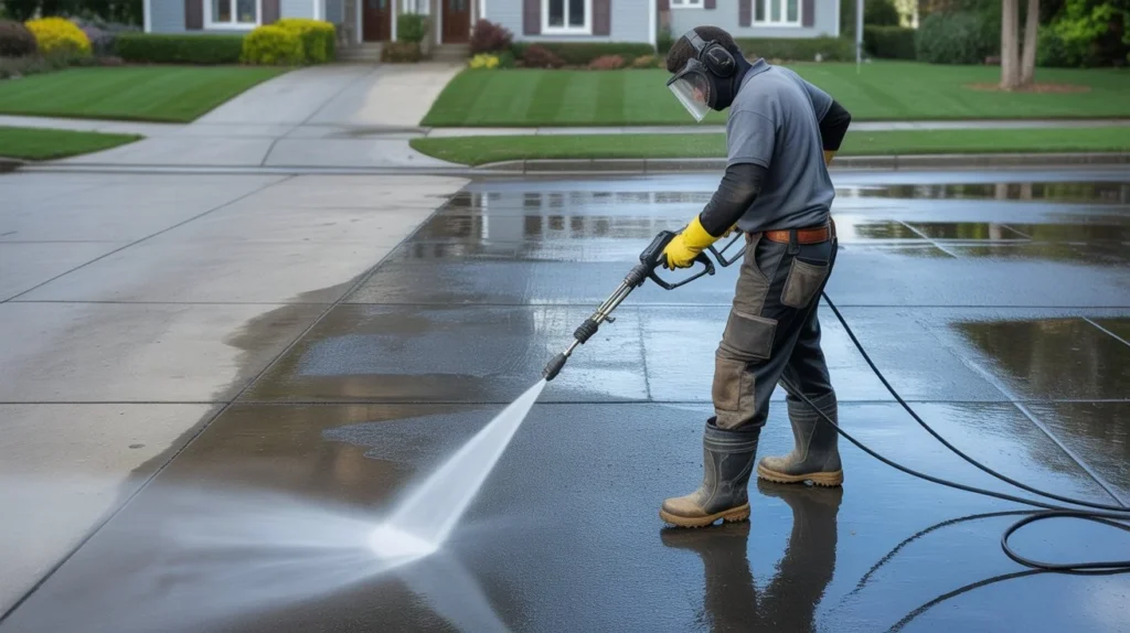 How Much Does It Cost to Pressure Wash a Driveway worker cleaning residential concrete driveway