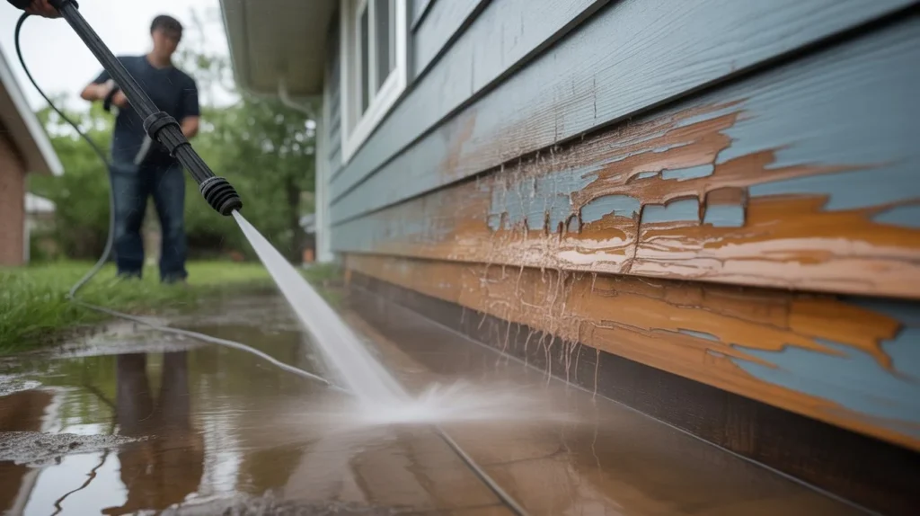 Pressure washer spraying house siding with visible paint damage and water runoff