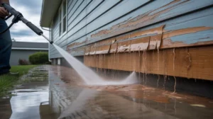 erson pressure washing peeling paint off the lower exterior siding of a house