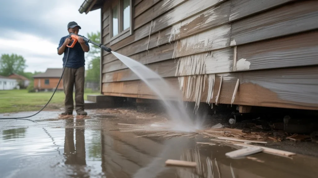 Worker using a pressure washer to strip paint from wooden house siding