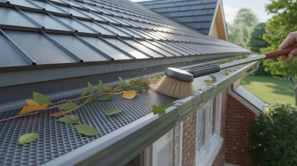 Do Gutter Guards Need to Be Cleaned? brushing gutter guards to clear leaves and dirt buildup