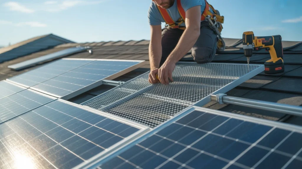 How to Install Solar Panels Guard with wire mesh bird protection on roof panels